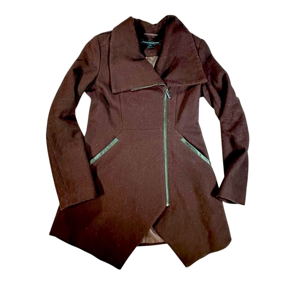 A271 French Connection Tulip Hem Asymmetrical Wool Coat Burgundy Wine Sz XS